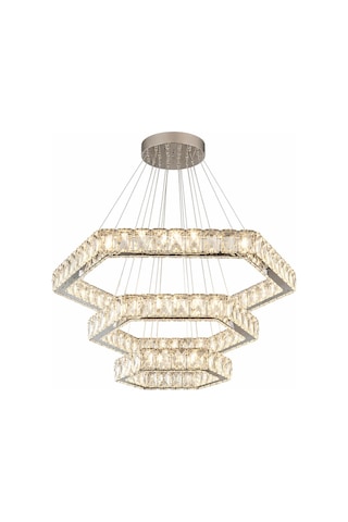 Kristal Taşlı Led Avize Sarkıt 3 Renk Işık Kumandalı Cam 3 Katlı Altıgen Salon Villa Avizesi Gümüş