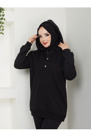 Raika Moda Kapşonlu 3 İplik Büyük Beden Tesettür Sweatshirt Siyah