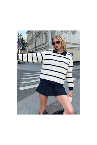 Meecy Selanik Örgü Polo Yaka Oversize Zr Model Kadın Triko Kazak Bej & Lacivert Bej & Lacivert
