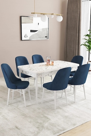 Familieconcept Almira Serisi, Beyaz Mermer Desen 80x132 Açılabilir Mdf Mutfak Masası Takımı 6 Adet Sandalye Lacivert