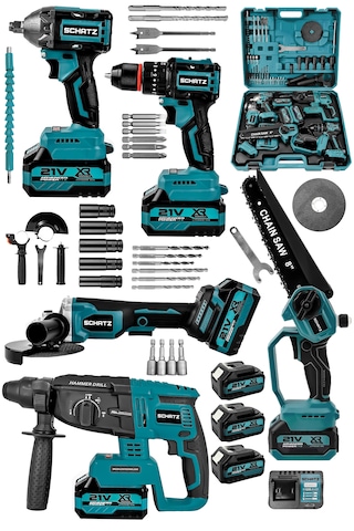 Schatz 21v Darbeli Kömürsüz 5'li Set Kırıcı Delici Hilti - Somun Sıkma Sökme - Testere - Matkap - Vidalama Mavi