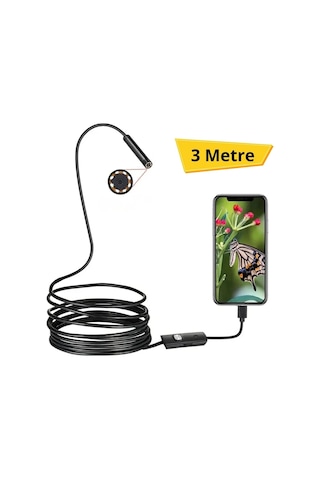 Buffer 3 Metre Android Telefon Uyumlu 6 Led Işıklı Su Geçirmez Endoskop / Boroskop Yılan Kamera Hd