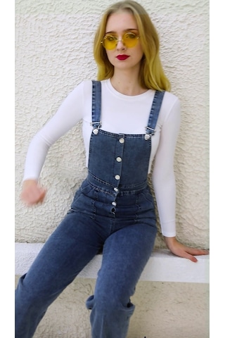 Önden Düğmeli Enzim Kumaş Salopet & Tulum Mavi