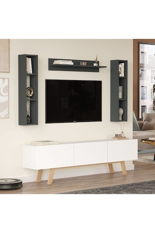 Jabari Tv Ünitesi Raflı 3 Kapaklı 180cm Ahşap Ayaklı Beyaz-antrasit Jab3-wan Beyaz - Antrasit