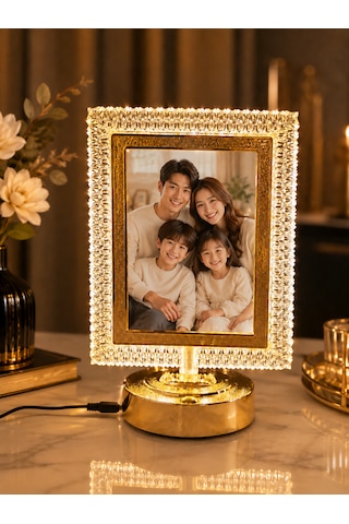 Kişiye Özel Fotoğraflı Kristal Dikdörtgen Çerçeveli Led Masa Lambası-gold Tabanlı 13x18 Cm Dekoratif Hediye