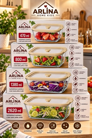 4'lü Vakum Kapaklı Cam Saklama Kabı Seti 470-800-1380-2620 Ml