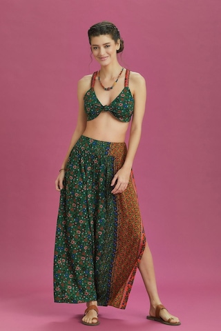 Çiçek Desenli Arka Bel Lastikli Derin Yırtmaçlı Etek 001