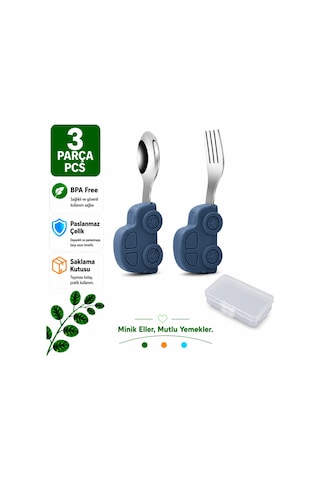 Gri Çocuk Bpa Free Silikon Saplı Paslanmaz Çelik Uçlu Çatal-kaşık, 9+ Ay