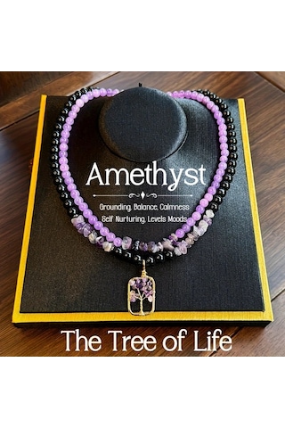 Willowhaven 2 Adet Doğal Ametist Kolye Hayat Ağacı Çift Katman Mor Siyah Günlük Takı