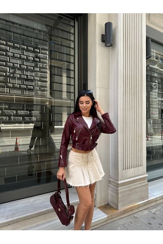 Kadın Kısa Crop Suni Deri Biker Ceket Bordo Bordo