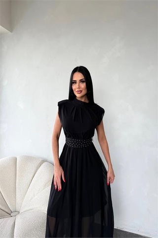 Neşeli Butik Kadın Kuşağı Taş Detaylı Midi Şifon Elbise Nbmy3509 Siyah