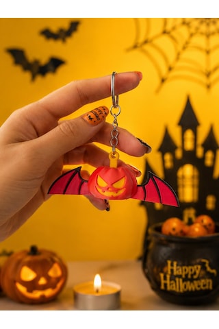2'li Hareketli Balkabağı Yarasa Anahtarlık Halloween & Cadılar Bayramı Dekoratif Anahtarlık 3d Baskı Hediyelik Turuncu