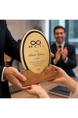 Logonuza Özel 5 Adet Mesajlı Büyük Royal Ahşap Plaket Altın Renk Metalli