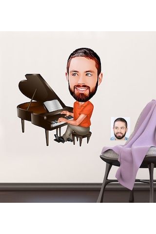 Kişiye Özel Bay Piyanist Karikatürlü Duvar Sticker 50X70CM