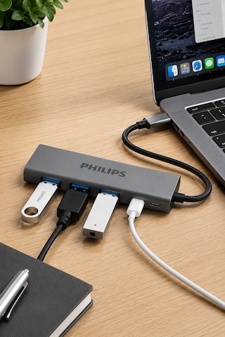 Philips SWR5041/00 USB-C 4'ü 1 Arada USB 3.0 Hub, 3x USB-A + 1x USB-C, 5Gbps Veri Aktarımı, Plastik Gövde
