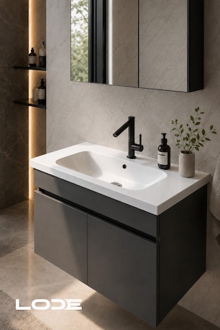 Kale Serisi Banyo Dolabı Seti Banyo Alt Dolap - Aynalı Üst Dolap Cerastyle Frame Lavabolu, Lavabo-aynalı Üst Dolap Dahil Antrasit