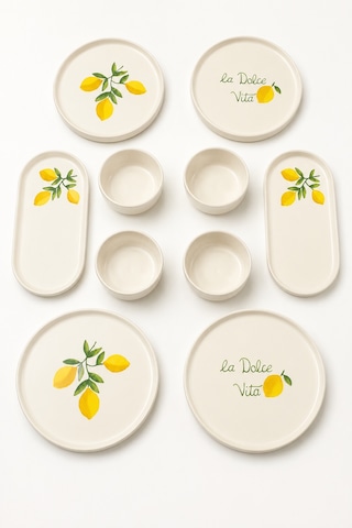 Amalfi 10 Parça 4 Kişilik Stackable Seramik Kahvaltı Takımı Limon Desenli Ayaklı Sunumluklu Sofra Seti Beyaz