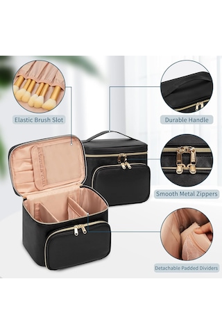 Büyük Makyaj Çantası, Kadınlar Kızlar İçin Taşınabilir Seyahat Makyaj Çantası Makyaj Fırçası Bölmeli, Saplı Ve Ayırıcılı Şık Makyaj Çantası Düzenleyici Kozmetik Çantası - Siyah Altın