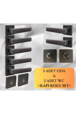Lusso Antrasit 5 Adet Oda 2 Adet Wc Kare Rozetli Kapı Kolu Set - Lusso Ant 5+2