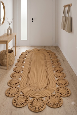 Jüt Hasır Oval Kilim Dekoratif Örgü Model Halı Salon Oturma Odası Mutfak Koridor Yatak Odası Banyo Balkon Yolluk Bohem Ev Dekoru 244hasırbambu