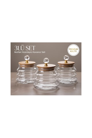 Reoona 3'lü Dalgalı Cam Kavanoz Seti Vakumlu Bambu Kapaklı Lüks Kristal Top Başlıklı 400 Ml Dr-91 Şeffaf