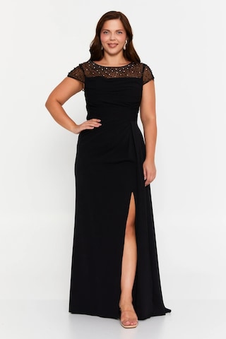 Doridorca Kadın Büyük Beden Taş Süslemeli Derin Yırtmaçlı Maxi Abiye Elbise 7048 Siyah Siyah