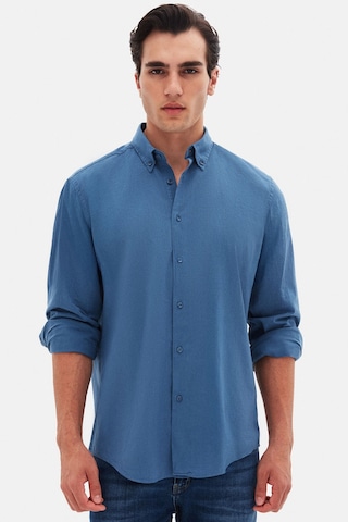 D'S Damat Ds Damat Comfort İndigo Düğmeli Yaka Rahat Kesim Keten Görünümlü %100 Pamuk Gömlek 2hc02ort64265 İndigo