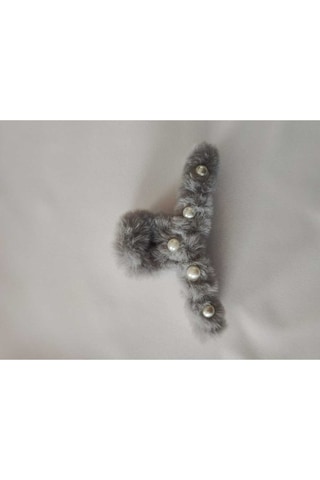 Büyük Boy İnci Peluş Mandal Toka 12 Cm Gri