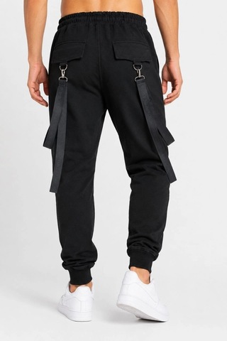 Assema Erkek Techwear Şerit Aksesuarlı Ön Kapak Cep Detaylı Jogger Eşofman Altı - Siyah Çok Renkli