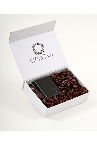 Premium Gift Rose Box - Roco Kahverengi Hakiki Deri Cüzdan - Anahtarlık Ve Kahverengi Gül Kutusu Kahverengi
