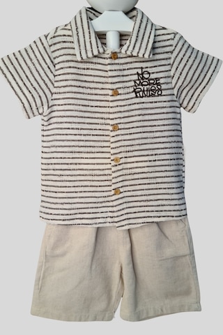 2'li Erkek Çocuk Kahve Çizgili Desenli Gömlek Bej Sortlu Keten Takım-1361 Kahverengi