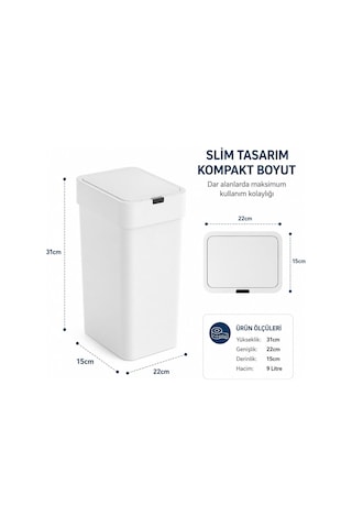 9 Litre Slim Sensörlü Çöp Kovası, Otomatik Temassız Akıllı Çöp Kutusu, Sessiz Kapanan, 2 Aa Pille Çalışan,