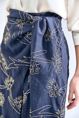 Sateen Nakış Detaylı Uzun Etek - İndigo-137329