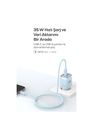 Hızlı Şarj Adaptörü 35w Gan + Type-c Kablo 60w Pd Usb-c & Usb-a, Laptop & Telefon Mavi-v0102021