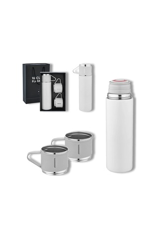 Bk Gift Paslanmaz Çelik 500ml 3 Bardaklı Sızdırmaz Termos Seti-beyaz, Vakumlu Termos Set