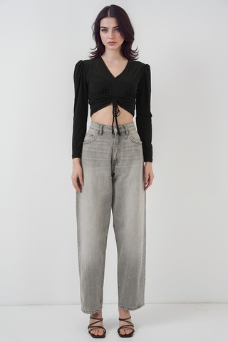 Hiccup Bdart Drapeli V Yaka Dikişli Crop Top Siyah