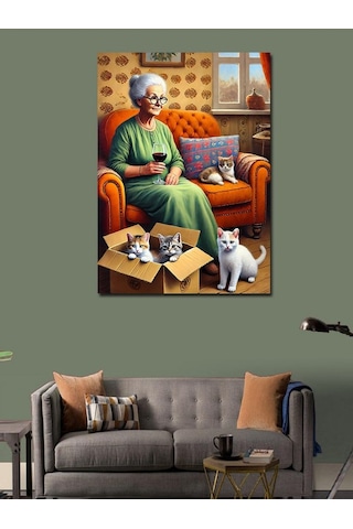 Kanvas Tablo Yaşlı Kadın Ve Kedi Dostları 50cmx70cm
