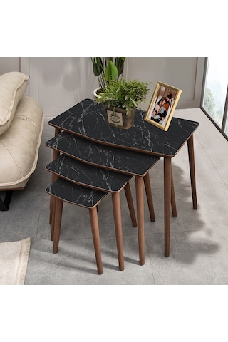 Vovvahome Vega 4lü Dörtlü Mdf Ahşap Zigon Sehpa - Siyah Mermer