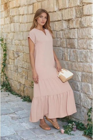 Kadın Uzun Eteği Fırfırlı Kısa Kol Apolet Detaylı Salaş Günlük Rahat Elbise 3761366 Pudra