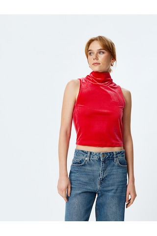 Koton Kadife Crop Top Kolsuz Dik Yaka Kırmızı 5wak10005ek Kirmizi