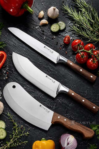 Hand Craft Mutfak Bıçak Seti Et Ekmek Sebze Salata Şef Bıçağı 3 Lü Set Günlük Kullanım Mft-090 Ceviz