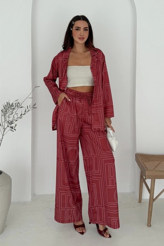 Geometrik Desen Modal Saten Takım Kırmızı Kırmızı