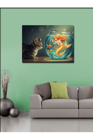 Kanvas Tablo Akvaryumlu Denizkızı Ve Yaramaz Kedi 100cmx140cm