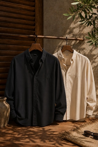 Respire Erkek Minimal Baskılı Oversize Dokulu Gömlek 2'li Set Siyah-bej