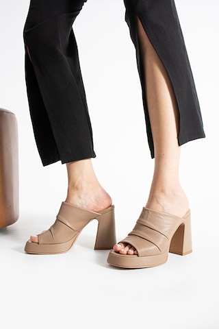 Dericia Shoes Cobalt Kadın Hakiki Deri Yüksek Topuklu Platform Terlik Bej