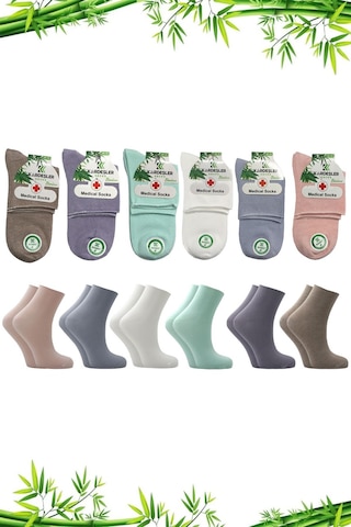 Bambu Kadın Çok Renkli Yarım Konç Diyabetik Şeker Çorabı Sıkmayan Çorap 6'lı Paket Çok Renkli