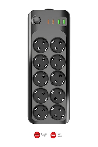 2 Mt Uzatma Kablosu Çoklu Priz Termal Akım Korumalı 10'lu Priz 3x Usb 1x Type-c Çıkışlı Priz 2 M