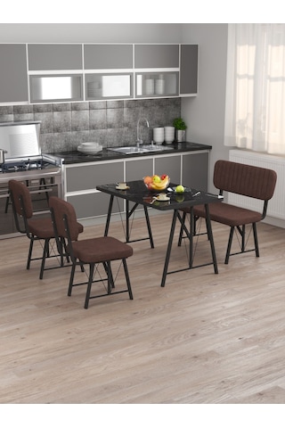 Hayat 70x110 Bendir Mutfak Masası, Mutfak Masası Takımı, Yemek Masası, 2 Sandalye 1 Bench - Kahverengi Kahverengi