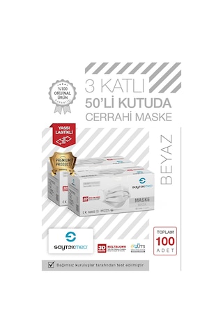 Saytekmed Meltblown Filtreli, Yassı İpli, 3 Katlı Beyaz Maske (2 Kutu/100 Adet) Saytekmed Meltblown Filtreli, Yassı İpli, 3 Katlı Beyaz Maske (2 Kutu/100 Adet)