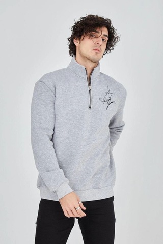 Vinevesta Erkek Yarım Fermuarlı Baskılı 3 İplik Pamuklu Sweatshirt - Gri Çok Renkli